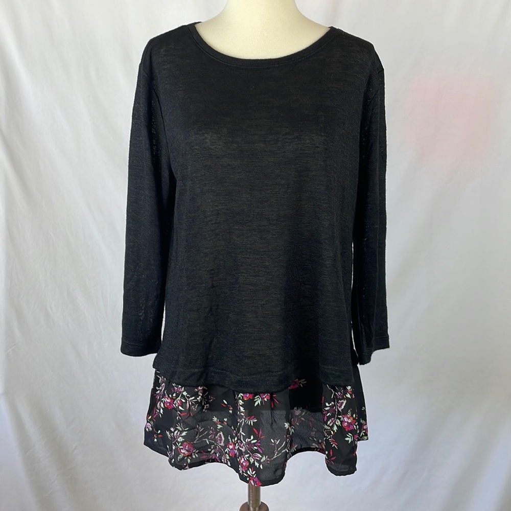 Van Heusen Thin Black Sweater with Sheer Floral Peplum Shirttail - Size Medium